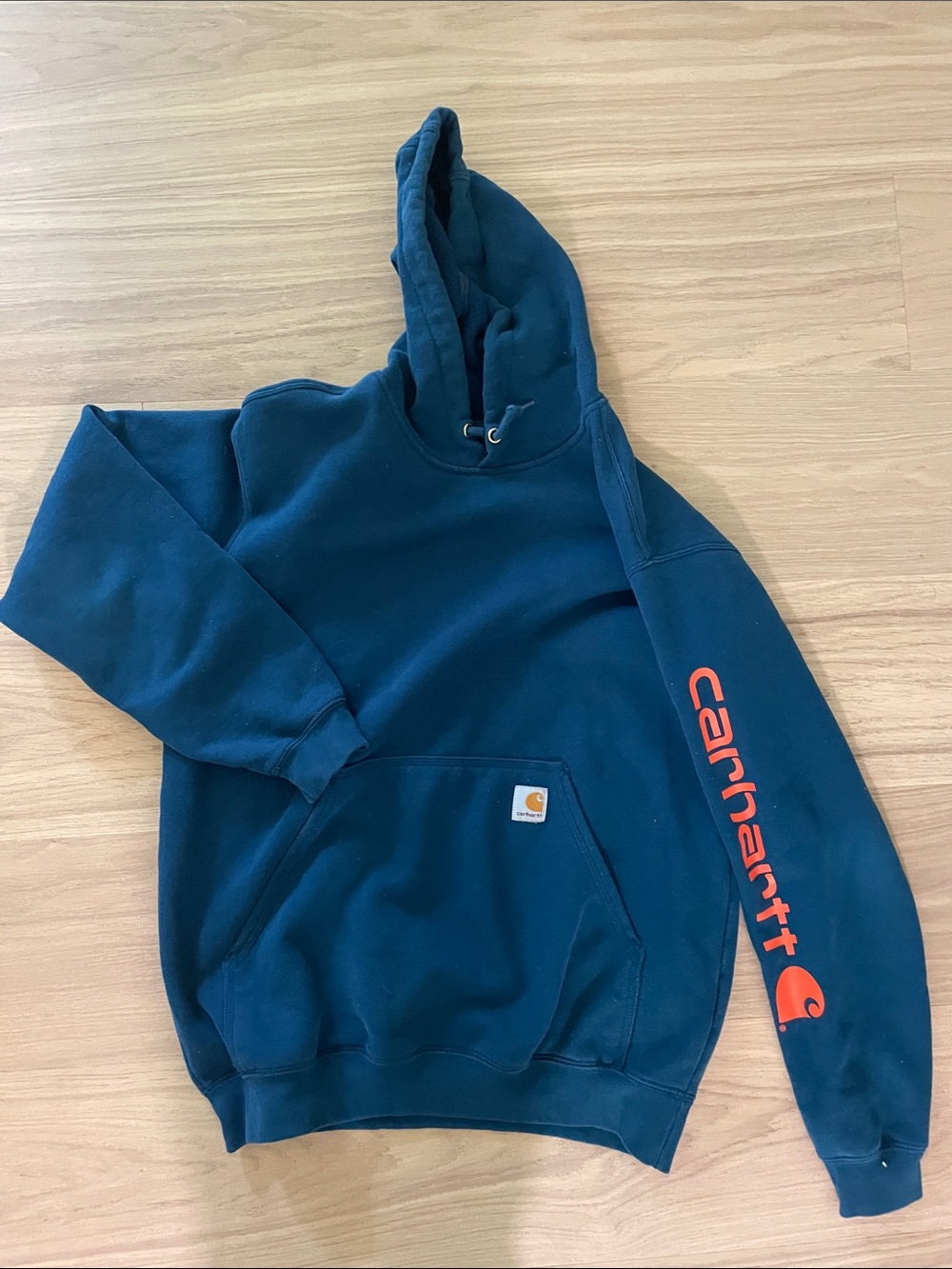 Carhartt Men's Teal Crewneck Hooded Sweatshirt with Orange Sleeve Logo
